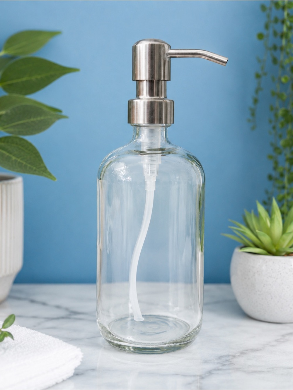 SET OF 2: 16 OZ. GLASS SOAP DISPENSER W/ METAL PUMP (CLEAR GLASS/SILVER …
